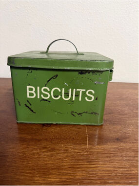Rustic Metal “Biscuits” Tin Canister Green Farmhouse Kitchen Storage Box w/ Lid